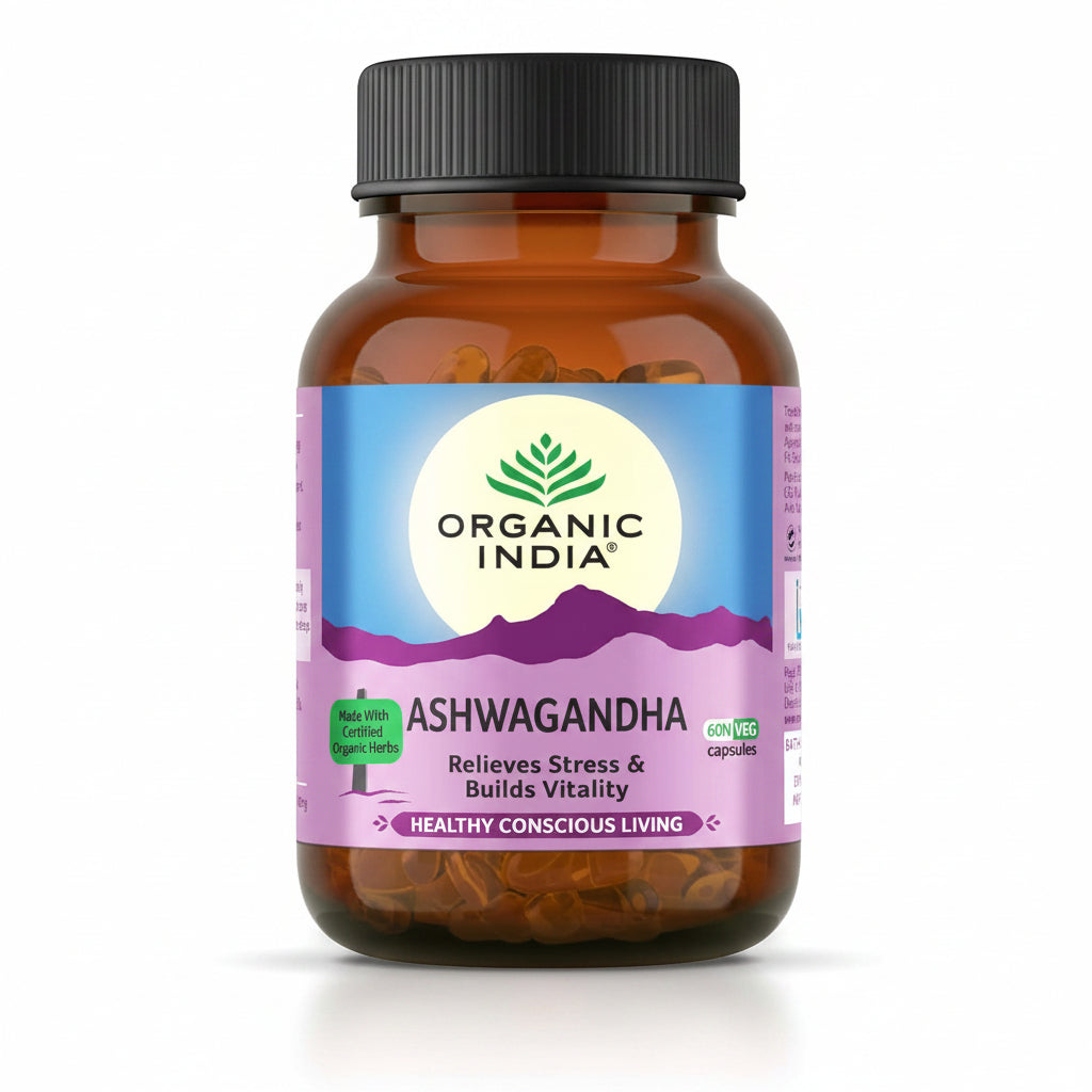 Bottle of Organic India Ashwagandha supplement on a white background